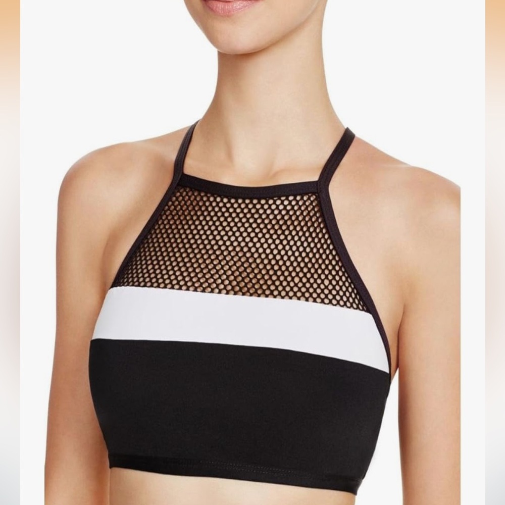 La Blanca Game Set Mesh High Neck Bikini Top Black & White Size 12